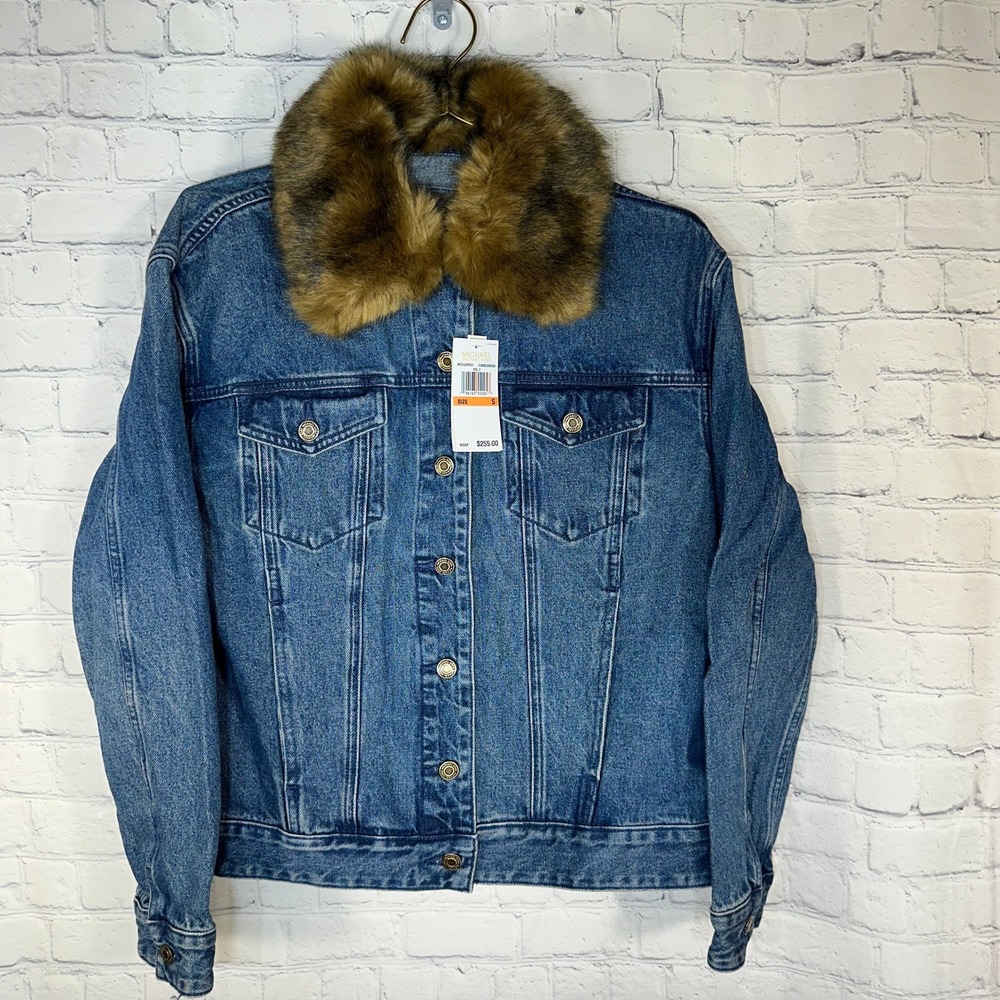 NEW Michael Michael Kors Denim Jacket Removable Faux Fur Collar Dusk Blue